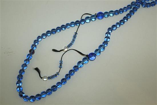 A Chinese blue glass bead Buddhist rosary, 65cm drop